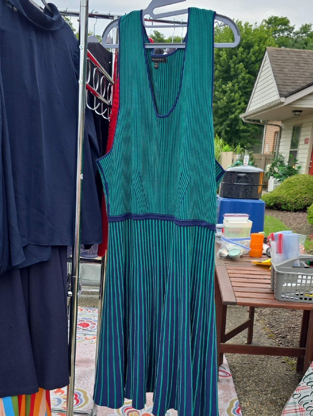 Sleeveless Teal & Navy Stripe A-Line Dress